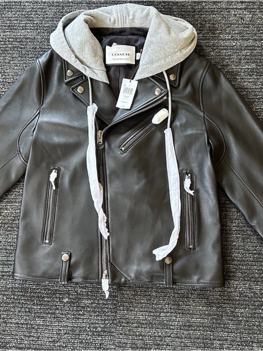 Coach MOTO Women’s Black Leather Jacket with Gray Hooded Layer Size Small New